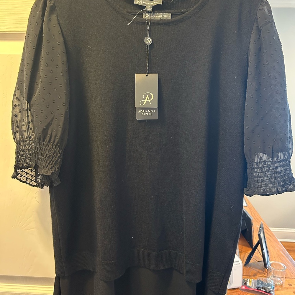 Adrianna Papell Black Blouse with Sheer Sleeves